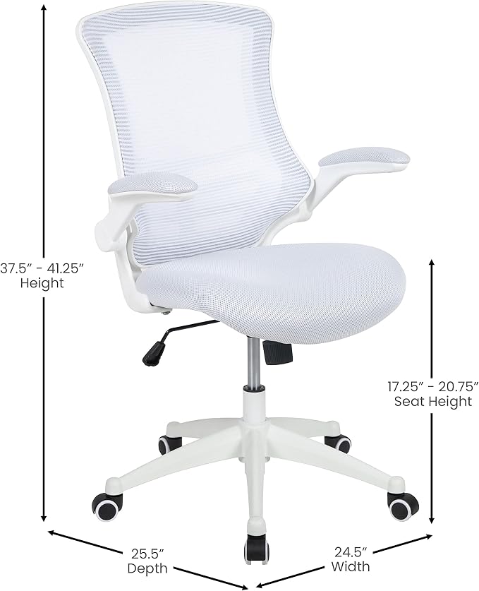 Flash Furniture Mid-Back White Mesh Swivel Ergonomic Task Office Chair with White Frame and Flip-Up Arms | White Frame, Mid-Back, Flip-Up Arms, Mesh Back - Image 3