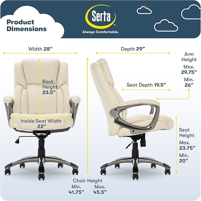 Serta Ergonomic Executive Office Chair with Lumbar Support, Leather Chair | Garret, Back Pain Relief, Foam Seat Cushion, Padded Arms, Adjustable Height and Reclining, Home Desk Chair with Wheels, Beige - Image 2