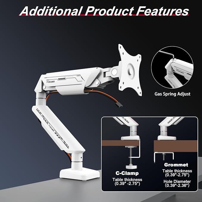 Fydeamer Monitor Arm for 17-35" Screens up to 24.2 lbs, Ergonomic Gas Spring Monitor Stand with Height Adjust, Tilt, Swivel & Cable Management, VESA Desk Mount with 2 Types of Installation, White - Image 5