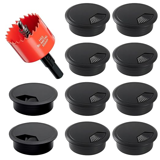 Desk Grommet & Cable Grommet 2 Inch (10 Pack) - Black Desk Hole Cover with Hole Saw - Cable Management Kit for Office, TV Stand, Workstation - Hide Wires Behind Wall, Cable Pass Through (50mm) by GA1FSL