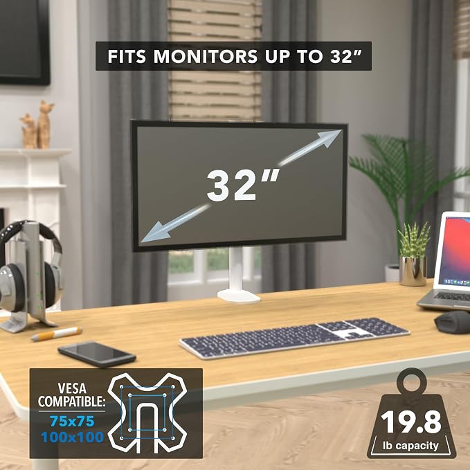 Mount-It! White Single Monitor Stand, Fits up to 32" | Adjustable desk arm holds up to 19.8 lbs, 360 rotation, 160 swivel, 40 tilt, clamp & grommet. - Image 5