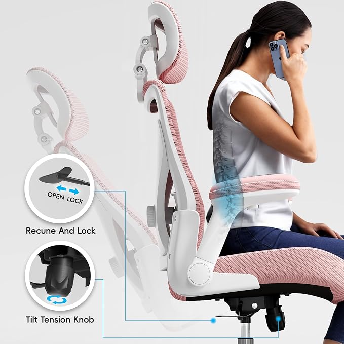Ergonomic Office Chair:Home Office Desk Chairs with Headrest Lumbar Support | Ergalithic Ergonomic Desk Chair X-Shaped Mesh PU Leather Executive Computer Chair High Back Flip-Up Arms for Long Hour(DPink) - Image 7