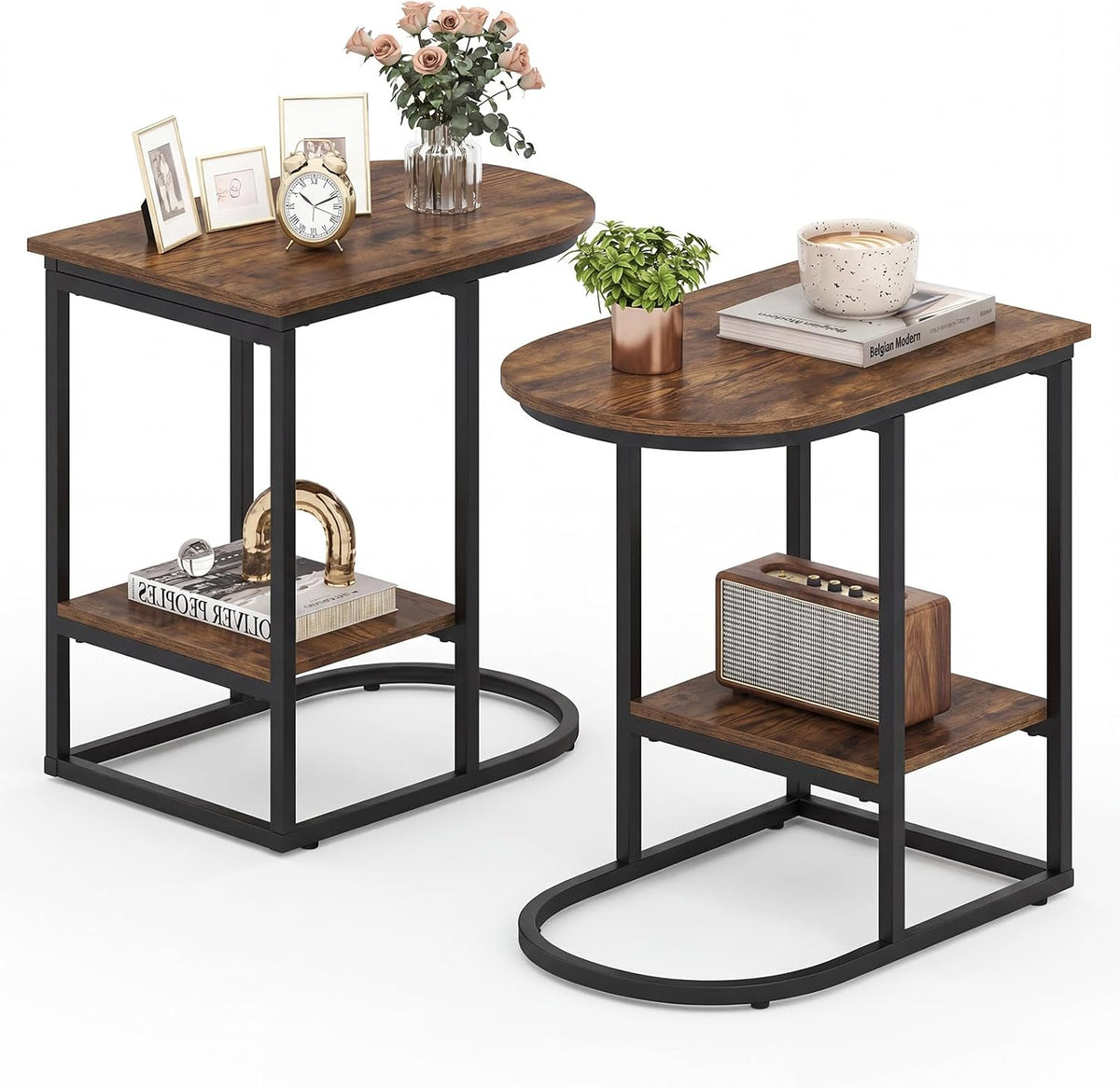 GIANTEX C Shaped End Table Set of 2, Modern Sofa Side Table with Industrial Wood Tabletop & Storage Shelf, Slide Under Sofa Bed, 2-Tier Couch Table for Small Spaces Living Room Bedroom, Rustic Brown by GIANTEX