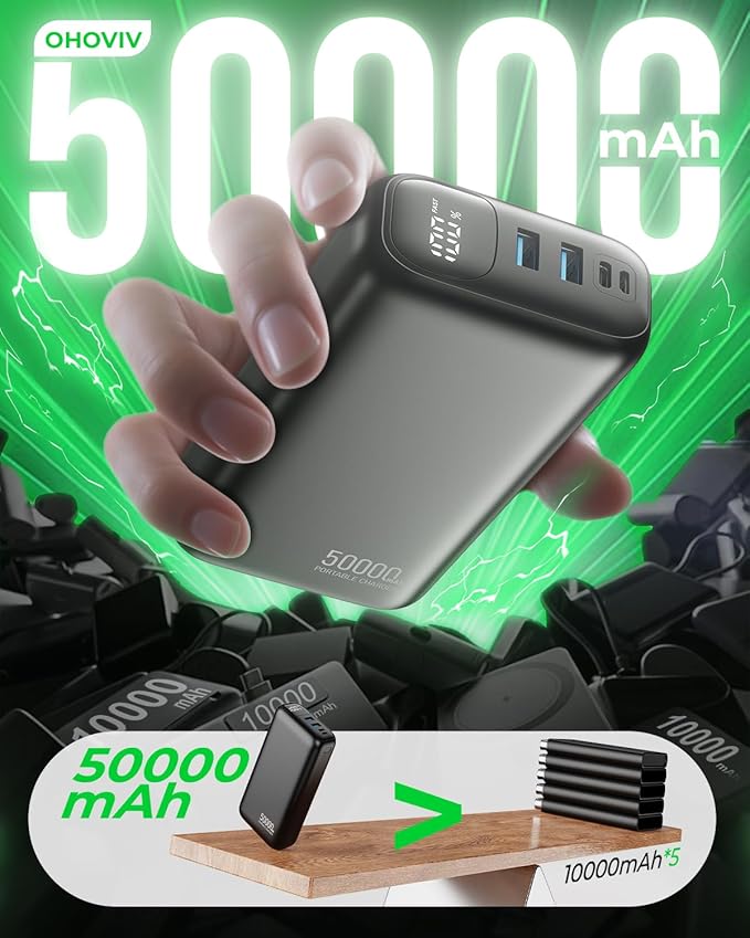 OHOVIV Portable Charger Power Bank 50000mAh,PD 22.5W Battery Pack | 4× Faster Charging,Up to 55% in 30mins,Travel Essential,Portable Phone Charger for iPhone 17/16/15 Series,Galaxy,Tablet,Black - Image 5