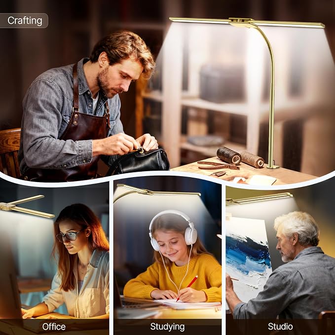 Syrinx LED Desk Lamp for Office Home, Dual Head Eye-Care Architect Lamp | Gesture/Wired Control, Flexible Neck, Bright Desk Light with Memory/Timer, 50 Lighting Modes for Study, Drafting, Gold - Image 6