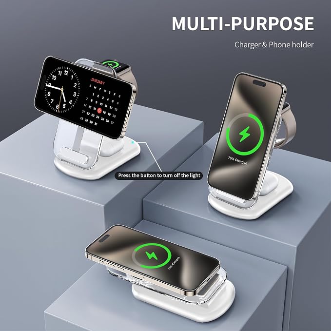 2026 Traveling Wireless Mag-Safe Fast Charging Station | Magnetic 3 in 1 Charger with Light for iPhone 17 16 15 14 13 12 Pro Max Plus,Apple Watch& Air pods 4 3 2 Pro(White) - Image 3