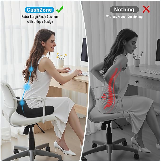 Memory Foam Seat Cushion, Ergonomic Office Chair Cushion for Long Sitting | Curved Tailbone Support Cushion for Car, Desk Chair and Wheelchair, Coccyx Comfort Pad with Breathable Cover, Black - Image 7