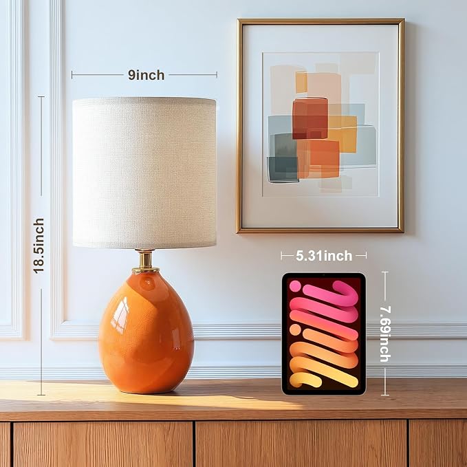 18.5" Ceramic Table Lamps Set of 2 for Living Room Bedroom, Orange | Bedside Lamps for Bedroom Nightstand, Ice Crackle Home Bedroom Living Room Decor, Linen Fabric Shade, 3-Color Temperature - Image 5