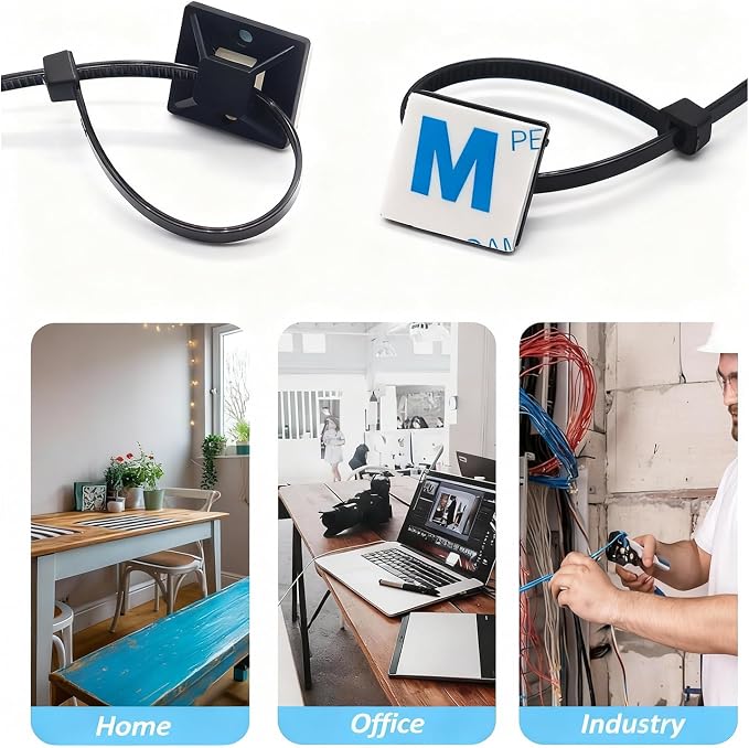 Strong Back-Glue Self Adhesive Cable Zip Tie Mounts Kit - 50 Set Cable Management Clips with 6" Zip Ties, Wire Holders - Outdoor Sticky Wire Organizer Clips-Black (50 Set, Black) - Image 2