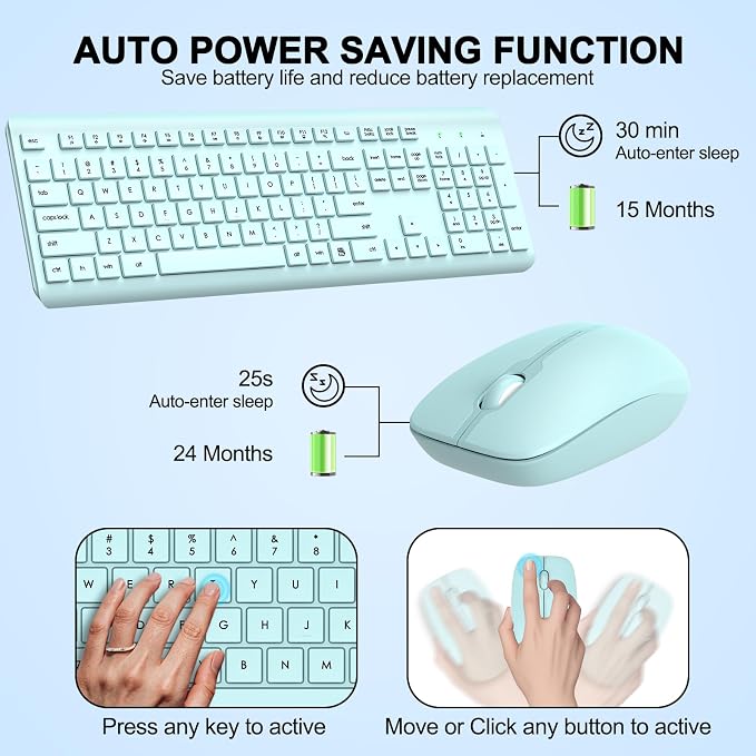 Wireless Keyboard and Mouse Combo, Full-Size Silent Ergonomic Keyboard and Optical Mouse, Long Battery Life, 2.4G Lag-Free Mice Keyboard for Computer, Mac, Laptop, PC, Windows(Green) - Image 3