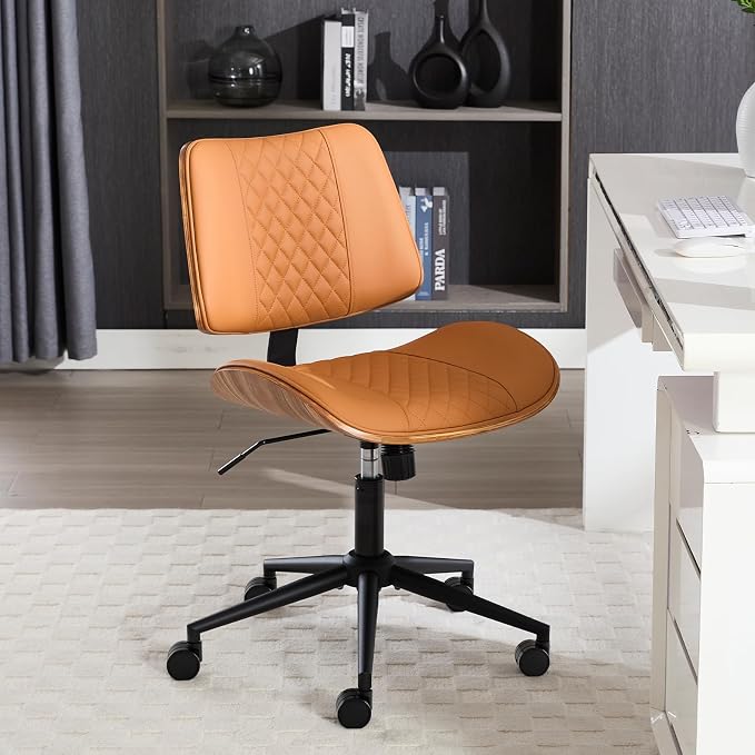 Home Office Chair No Arms with Wheels, Mid Back Walnut Style, Brown | Adjustable Height PU Leather Mid Back Support, 360 Swivel Computer Small Desk Seat, Armless Walnut Office Chair, 300LBS Cap - Image 4