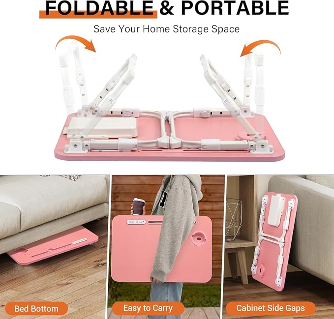 Lap Desk for Bed Adjustable Height with USB Port 23.6" x15.7" Desktop | Storage Drawer, Bookshelf, Fits 17" Laptop, For couch WFH Study, Foldable Non-Slip No Assembly Sturdy Lightweight Pink - Image 7