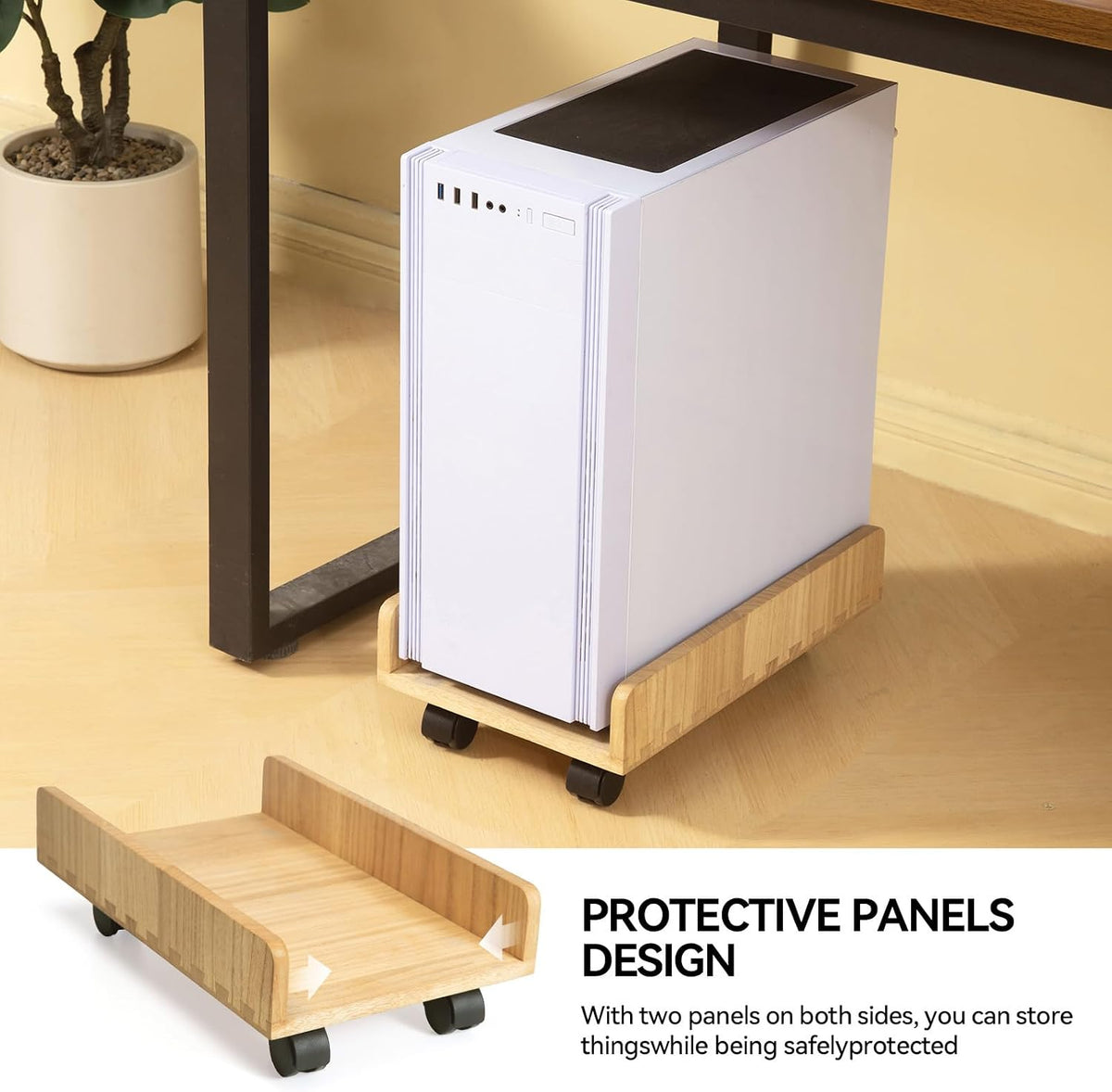 KIRIGEN Wood Computer Tower Stand with Wheels, Rolling PC Cart, Natural - Image 7