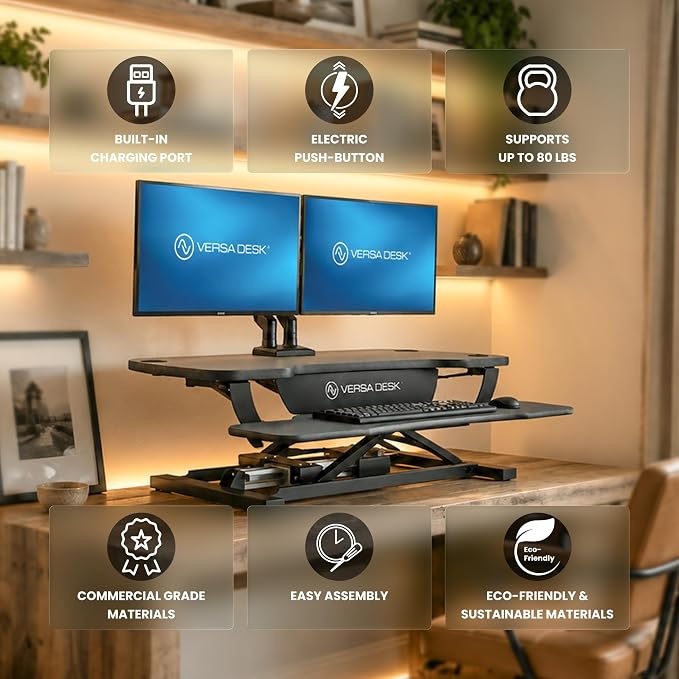 PowerPro 36 Inch Electric Standing Desk Converter – Push-Button Height Adjustable Sit to Stand Desk Riser for Dual Monitors & Laptop – Motorized Desktop Workstation with Wide Keyboard Tray - Image 3