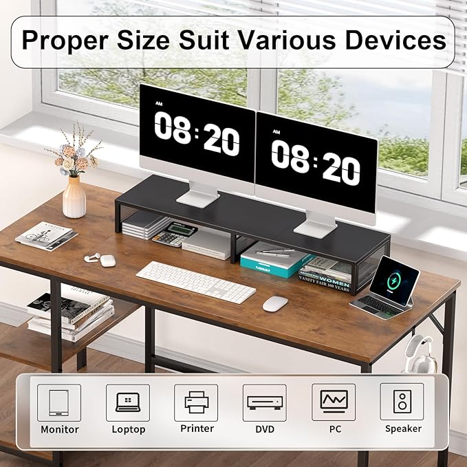 Dual Computer Monitor Stand Riser, Desk Organizers and Accessories, Printer & TV Stand, Desk Shelf, Office Desk Accessories & Desktop Workspace Organizer for Office Supplies, Black - Image 3