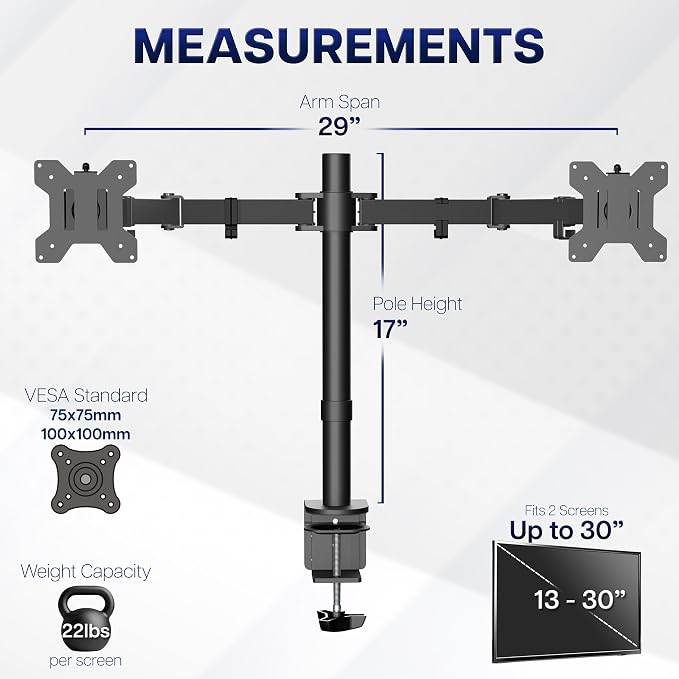 VIVO Dual Monitor Desk Mount, Holds 2 Computer Screens up to 30 inches and 22lbs Each, Heavy Duty Fully Adjustable Steel Stand with C-Clamp and Grommet, Black, STAND-V002 | Black, Articulating, Adjustable Monitor Arm, Grommet or C-Clamp Mounting, Compu... - Image 5