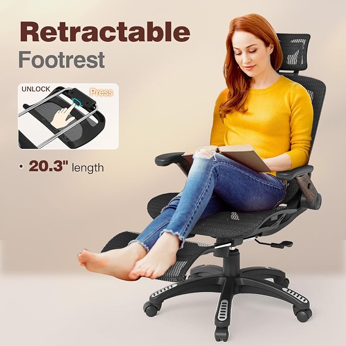 Ergonomic Office Chair with Footrest, High Back Mesh Computer Chair with Flip-Up Arm, 3D Headrest, 135° Reclining, Rolling Gaming Task Chair with Wide Seat Lumbar Support,300LBS - Image 3
