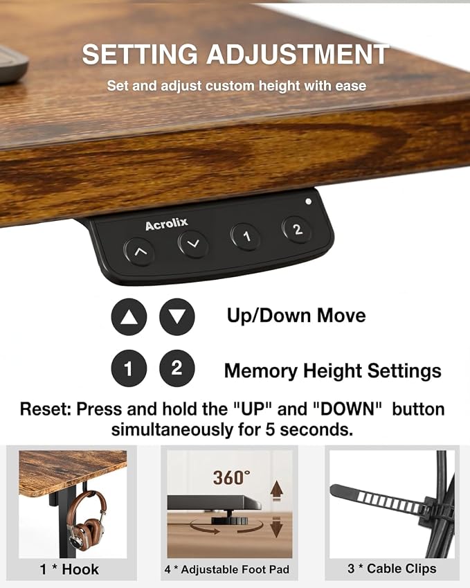 Electric Standing Desk with Cable Management,Rustic Brown Height Adjustable Desk with Memory Presets, Sit Stand Table for Work from Home, Ergonomic Computer Desk,63 x 24 inch - Image 6