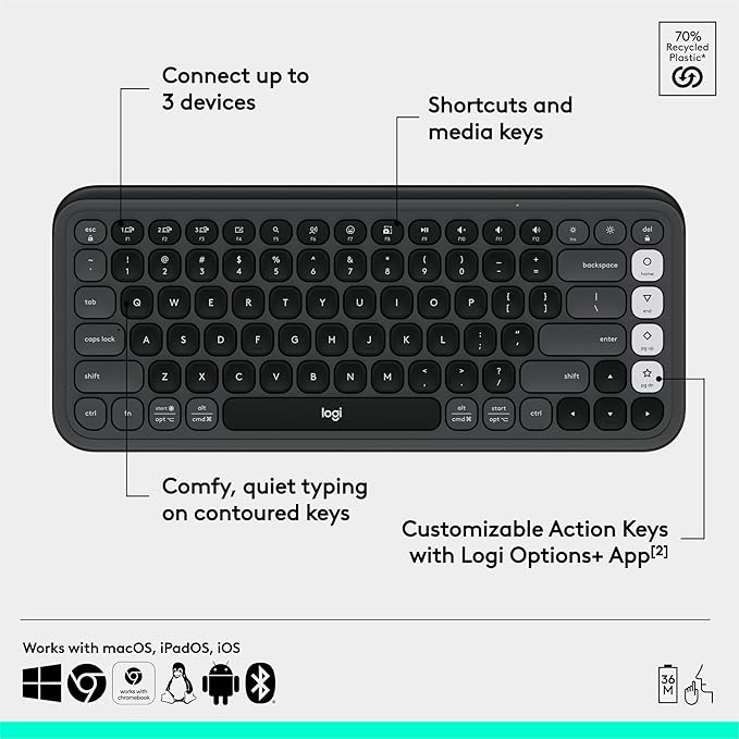 Logitech POP ICON Keys Wireless Bluetooth Keyboard - Graphite and White | Comfortable typing, programmable keys, easy-switch for up to 3 devices, for laptop, tablet, and PC - Image 6