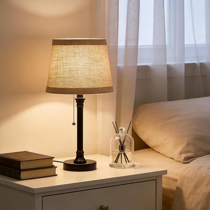 19.5" Small Table Lamp for Bedroom, Rustic Black Lamp, USB A+C | Pull Chain Switch Bedside Table Lamps, Natural Shade, Small Farmhouse Nightstand Lamp for Living Room End Table & Desk Light - Image 2