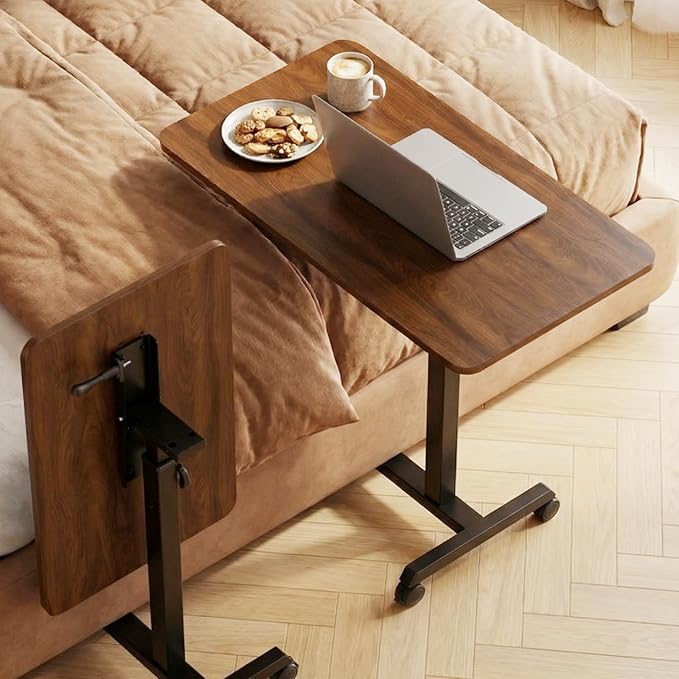 GTPLAYER Small Standing Desk, 24 Inches Foldable Mobile Rolling Laptop PC Table with Lockable Casters, Adjustable Height Overbed Bedside Table Computer Workstation for Home Office, Dark Brown-Foldable by GTPLAYER