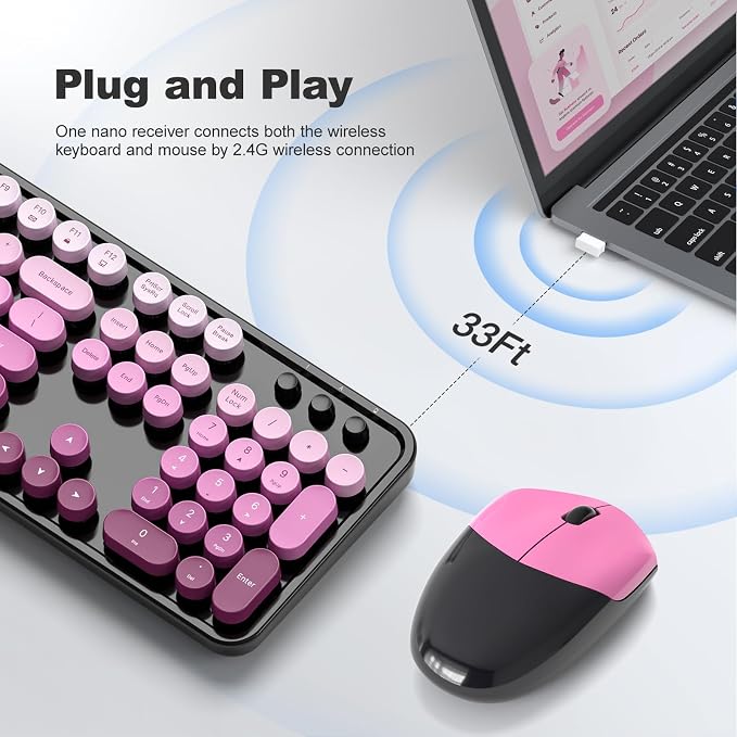 MOFII Wireless Keyboard and Mouse Combo, 2.4GHz Retro Typewriter Keyboard Full Size, Cute Wireless Mice, USB Dongle Plug and Play, for Laptop, PC, Desktop, Windows (Black Pink Gradient Color) - Image 2
