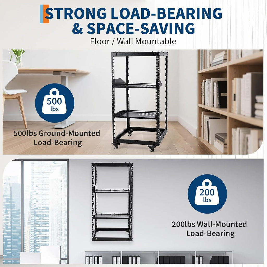 20U Open Frame Network Rack, 22"-40" Adjustable Depth, Wall Mount & Freestanding Server Rack with Lockable Casters + 2Pack 1U Shelves, Heavy Duty for IT AV Gear - Image 4