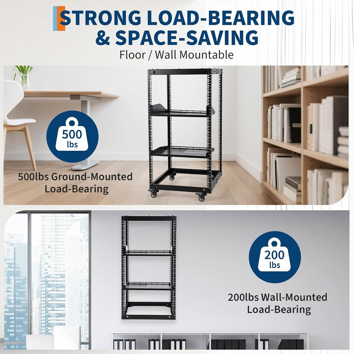 20U Open Frame Network Rack, 22"-40" Adjustable Depth, Wall Mount & Freestanding Server Rack with Lockable Casters + 2Pack 1U Shelves, Heavy Duty for IT AV Gear - Image 4