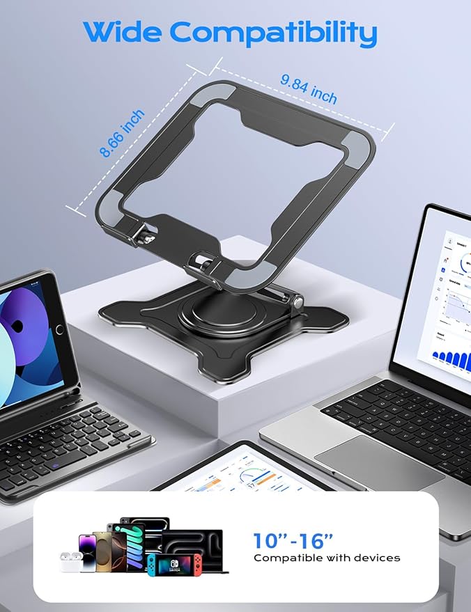 JCZT 360° Rotating Laptop Stand for Desk, Metal Foldable Laptop Riser Black | Ergonomic Portable Adjustable Laptop Stand, Ventilated Cooling Notebook Holder for MacBook Air Pro, All 10-16'' Laptops - Image 6