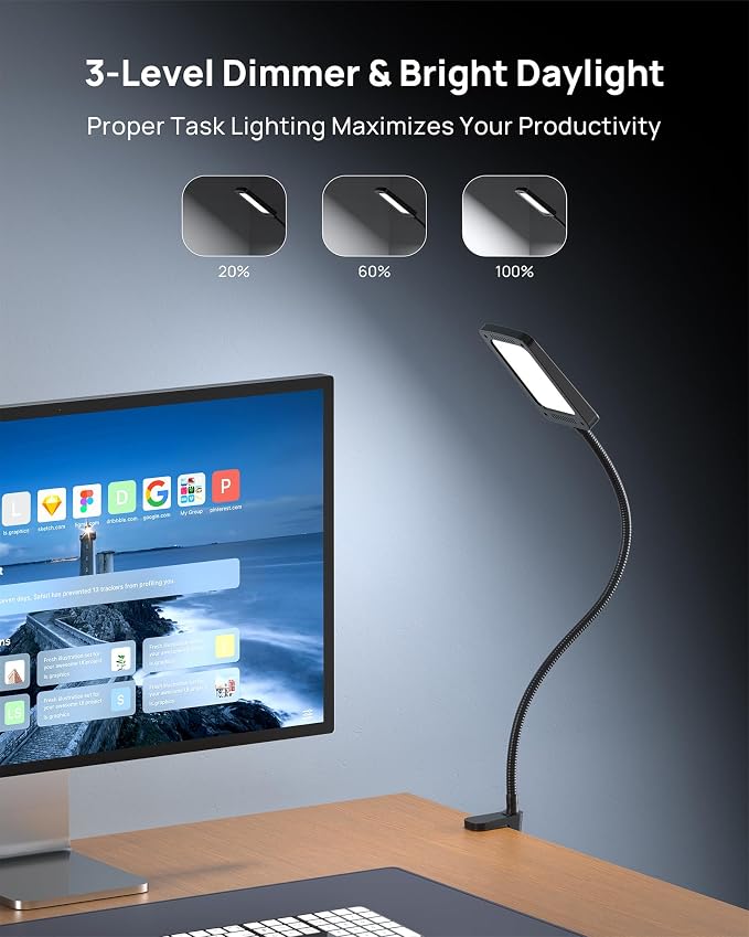 TROND LED Desk Lamp with Clamp, 6000K Daylight, Flexible Gooseneck on Light | 1000LM Super Bright 3-Level Dimmable Desk Light Extra-Long, Eye-Care Clamp Lamp for Painting, Workbench,Reading - Image 2
