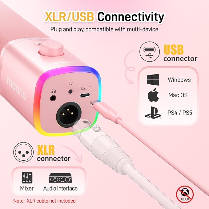 MAONO XLR/USB Gaming Microphone for PC, Dynamic Computer Mic for Streaming Podcasting, Noise Reduction, Mute, Volume Control, RGB Boom Mic for Vocal Recording,Voice-Over, PD100XS Pink - Image 7