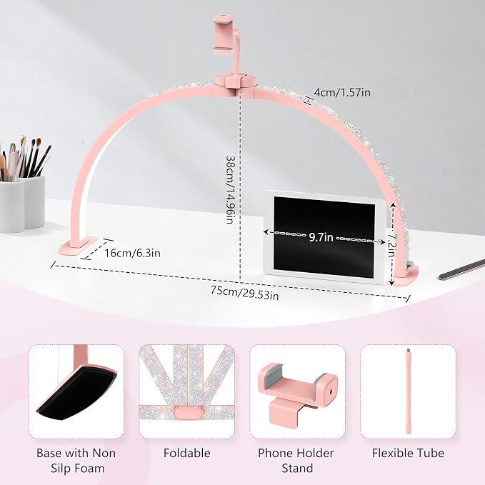 Yokilly Half Moon Light for Nail Desk: 29" Foldable Nail Light for Desk | AB Diamonds Arch Nail Tech Light with Phone Holder for Beginner - 3 Color Modes & 10 Brightness for Manicure Salon-Pink - Image 4