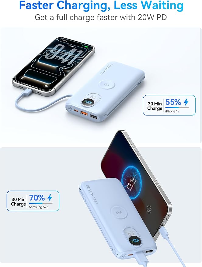 Portable Charger Power Bank 10000mAh PD20W w/Built-in Cables & AC Plug | Portable charger iphone,Fast charging, Built-in wall plug, LED display, Charge 6 devices at once, Pass through charging - Image 7