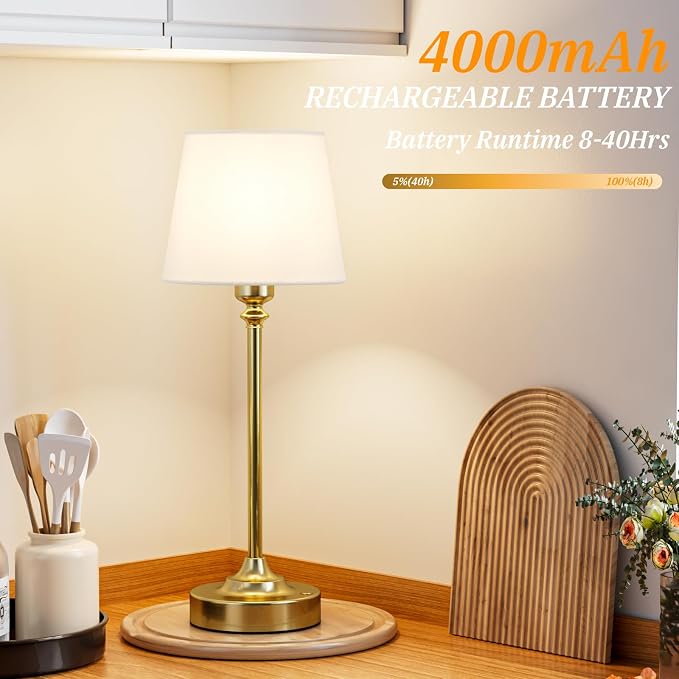 Kakanuo Cordless Table Lamps Rechargeable Set - 2 Pack Gold 4000mAH Battery Operated Lamps for Decor, 3000K Stepless Dimming Touch Wireless Lamp for Bedroom, Dining Table, Living Room, White Shade - Image 3