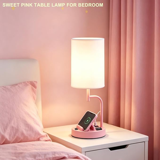 Dreamholder 2 Pack Table Lamp, Bedside Lamp with 3 USB Charging Ports & AC Outlet, USB Desk Lamp with 2 Phone Holders, Linen Fabric Shade Nightstand Lamps for Bedroom Living Room Office, Baby Pink - Image 6