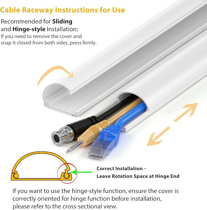 ZhiYo 39in Cord Hider for 2-3 Wall-Mounted TV Wires, 1.2"W x 0.55"H, White | Split-Hinge Design for Easy Installation, Half-Round Glazed Finish Ideal for Wall/Baseboard, Self-Adhesive, 3 Pack (13" Each) - Image 4