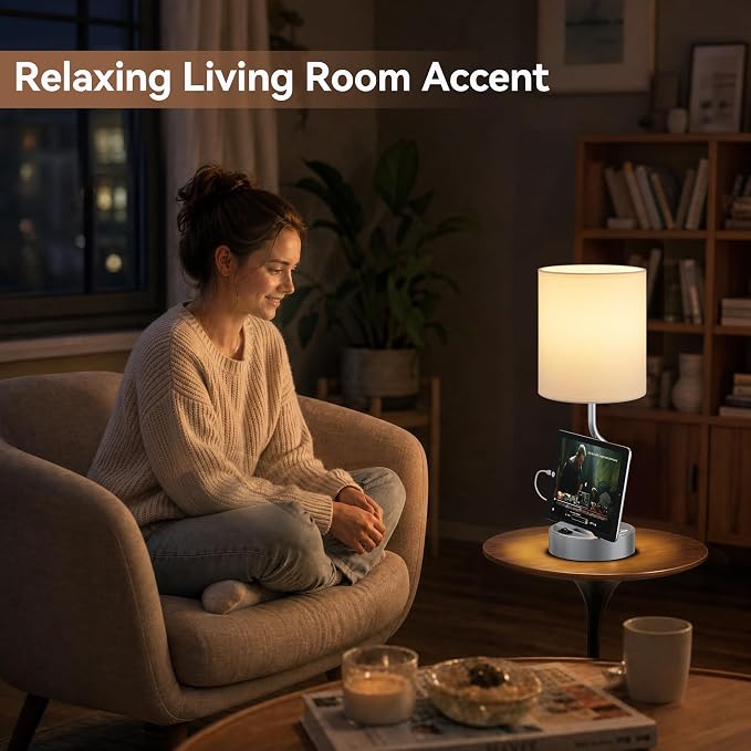 Bedside Lamp for Bedroom Set - 18" Grey Table Lamp for Nightstand | Phone Stand, USB A+C Ports, AC Outlet, 3 Color Temperatures, LED Bulb Included, Desk Lamp for Living Room/Dorm,2-Pack - Image 7