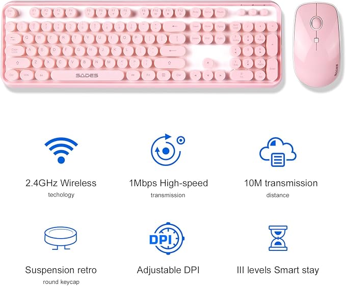Pink Wireless Keyboard and Mouse Combo,Cute Typewriter Style,for Long Nails | Bubble Round Keys,Ergonomic Computer Keyboard,ASMR Clicky Sound,2.4Ghz USB Receiver,Full Size with Number for PC Laptop - Image 5