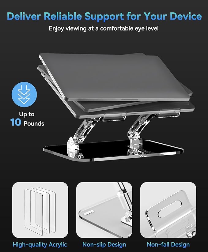 Lpoake Acrylic Laptop Stand for Desk, Adjustable Ergonomic Laptop Riser, Portable Foldable Computer Stand, Compatible with 10 to 15.6 Inches Notebook and MacBook, Clear - Image 6