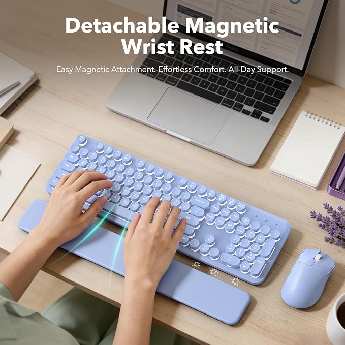 Wireless Keyboard and Mouse Combo, Backlit Round Keycaps, Retro Typewriter Keyboard with Detachable Wrist Rest, Rechargeable & Tilt Legs, 2.4GHz Cordless Connection for Windows/PC (Glowing Purple) | Rechargeable & Tilt Legs, Full-Size Typewriter-Style,... - Image 3