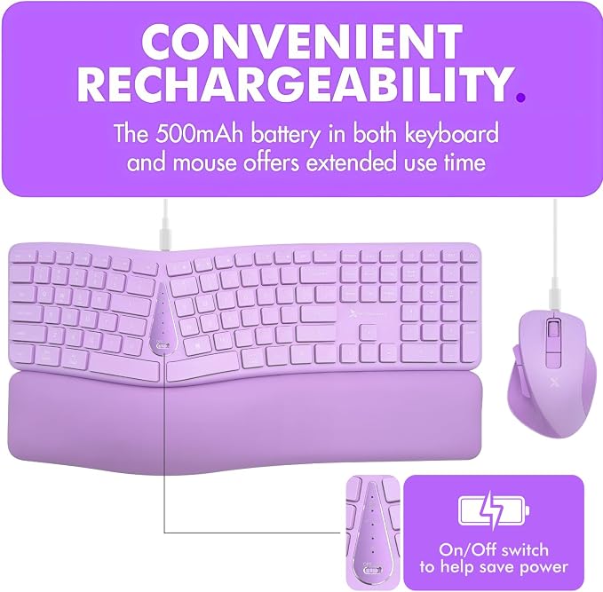 X9 Ergonomic Keyboard and Mouse Wireless Combo - Purple Keyboard and Mouse Wireless, Bluetooth/2.4G Split, Wrist Rest, Rechargeable, Silent Ergo Keys - PC, Mac, iOS, Android - Image 5