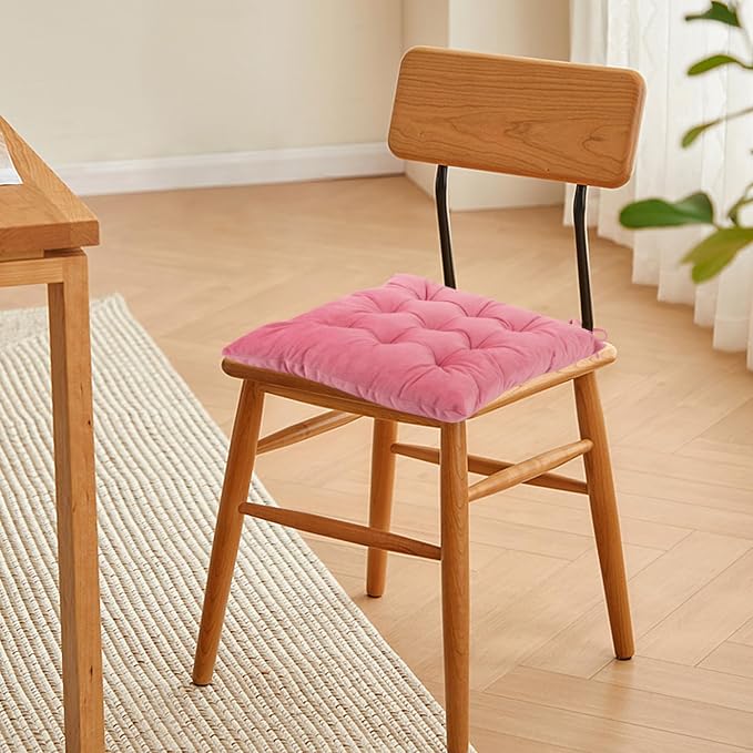 4 Pack Square Seat Cushion Chair Pads for Kitchen Dining Chairs, Soft Comfort Velvet Chair Mat Pillow Cushions with Ties for Office Desk Living Room Tatami 15.5", Pink - Image 6
