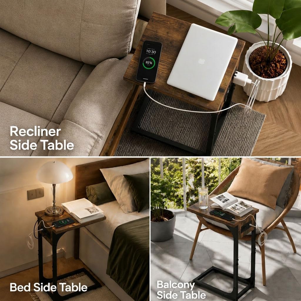 TEMI C Shaped End Table for Couch with Charging Station, Small Side Table TV Tray for Eating or Laptop, Accent Desk for Sofa or Chair, Space Saving Living Room Bedroom, Rustic Brown - Image 7