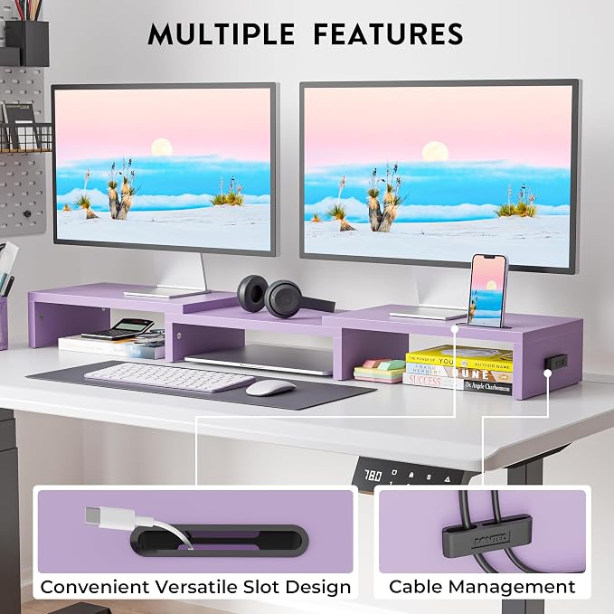 BONTEC Dual Monitor Stand Riser, Adjustable Length & Swivel Angle, Purple | Ergonomic Wooden Desktop Organizer with Smartphone Holder, Computer Monitor Stand for PC, Laptop, Printer and Large Storage - Image 2