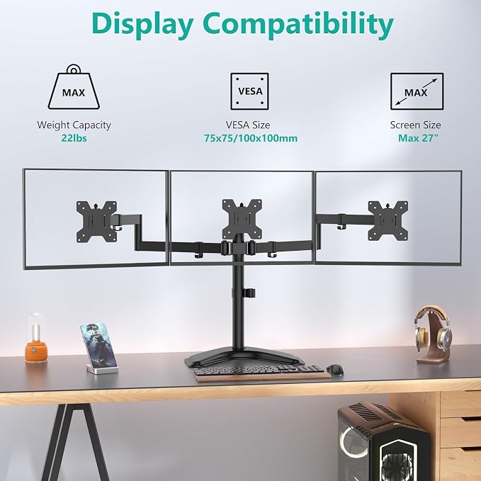 WALI Triple Monitor Stand, Free Standing for 13-27 inch Screens,up to 22lbs | 3 monitor stand for desk, Adjustable, Full Motion with Tilt, Swivel, Rotation, C-Clamp & Grommet Base, VESA 75/100mm (MF003) - Image 3