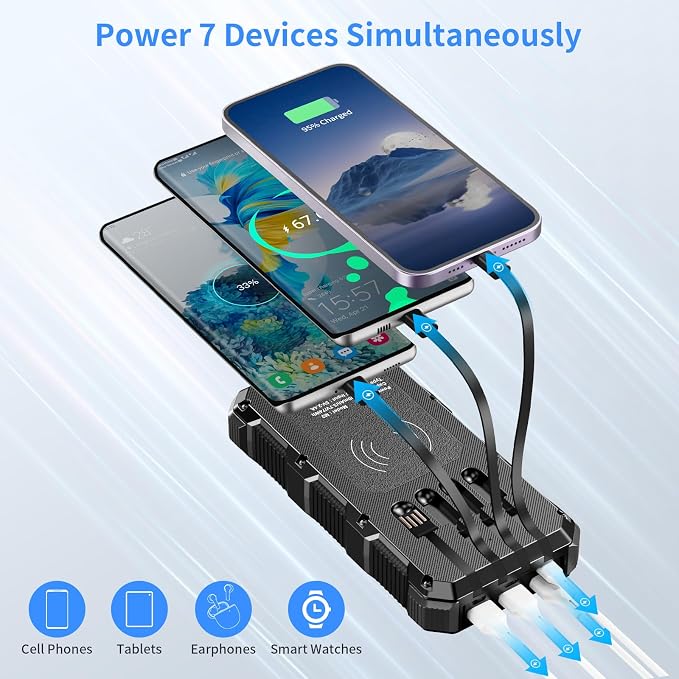 Solar Charger Power Bank 20000mAh Wireless Charger QC 3.0 Fast Charging Power Bank 8 Outputs 4 Inputs Solar Portable Charger Compatible with All Mobile Devices,SOS/Strobe/Strong Flashlights (black) - Image 2
