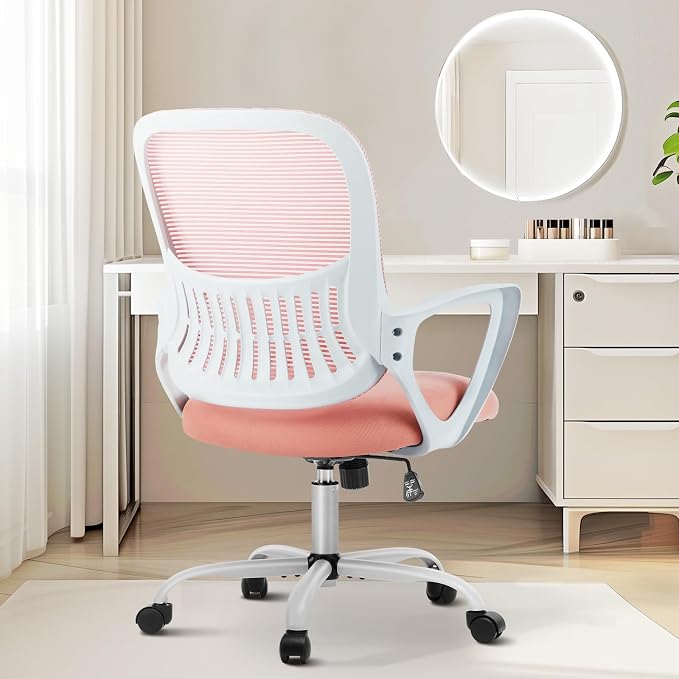 Sweetcrispy Ergonomic Home Office Desk Chair, Managerial Executive Chair | Mid-Back, Comfortable Armrests and Lumbar Support, 360° Rolling Wheels, Bedroom Study Room, Pink by Sweetcrispy