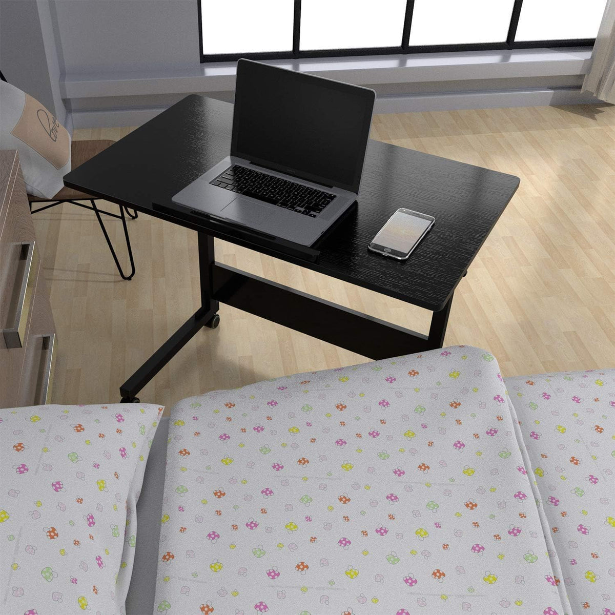 Mobile Overbed Table with Wheels – Adjustable Height Tiltable Desktop for Laptop, Eating & Writing (Black) - Image 5