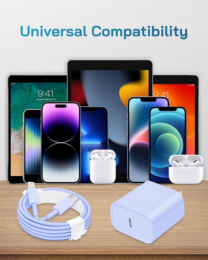 20W Fast Charger for iPhone 14/13/12 [3-Pack, MFi Certified] | USB-C PD power adapter with 10Ft cable, compatible with iPhone 14/13/12/11/Pro Max/Pro/Plus/Mini, iPad & more - Purple - Image 7