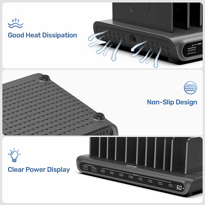 Unitek 10-Port USB-C Charging Station for Multiple Devices with LED Display | Charges 10 Devices At Once, 8 USB-C 2 USB-A Ports, Smart Power Distribution, Overload Protection, For iPhones & iPads - Image 6